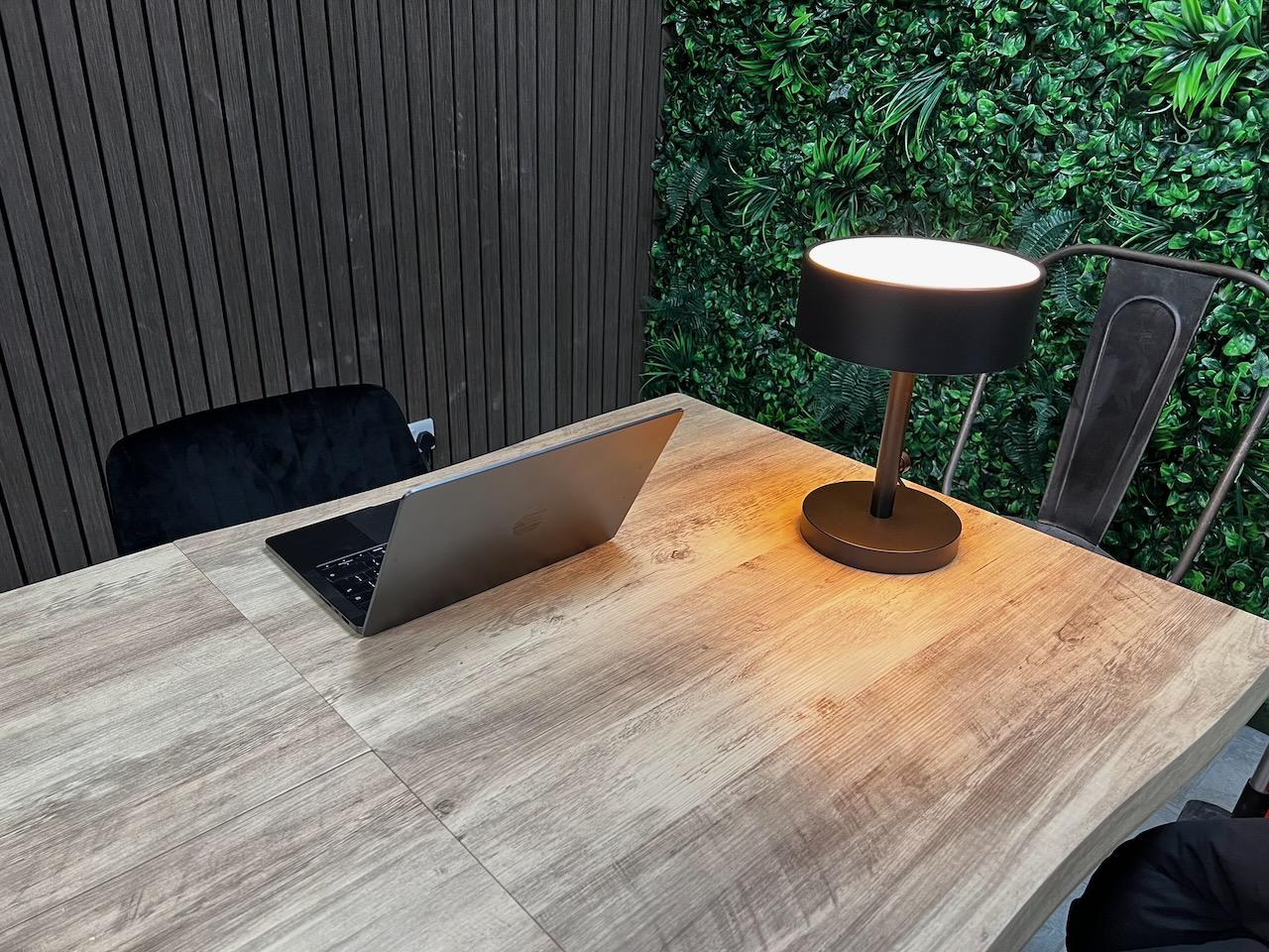 A laptop and a black table lamp on a pale wooden desk, against slatted timber and a wall of greenery